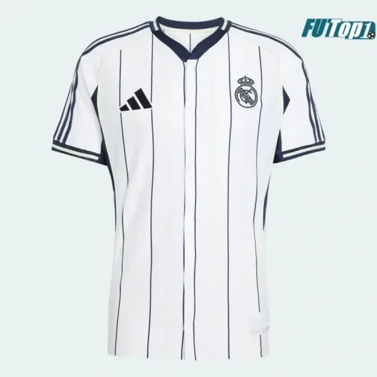 Camiseta Barata Real Madrid 2025/26 Baseball Shirt Blanco/Azul Marino Versión Jugador