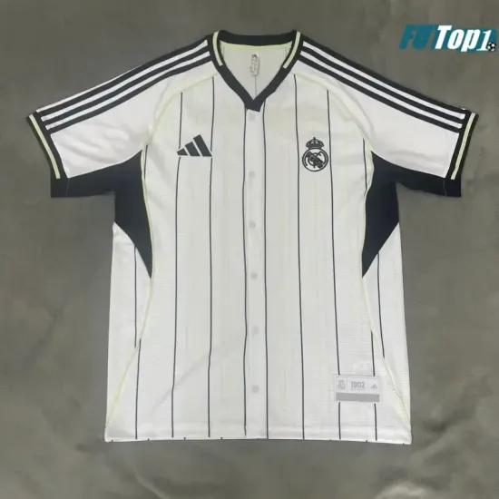 Camiseta Barata Real Madrid 2025/26 Baseball Shirt Blanco/Azul Marino Versión Jugador