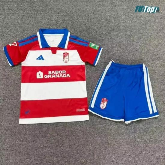 Camiseta Granada Local 2026/2027 Rojo/Blanco Niño Kit con Parche La Liga