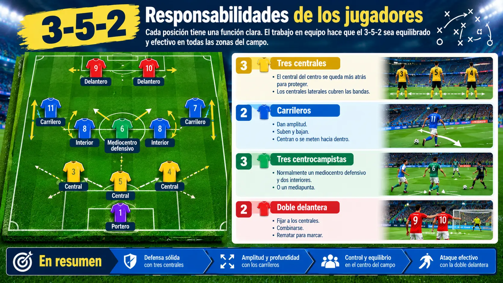 Funciones de los jugadores en la formación 3-5-2.