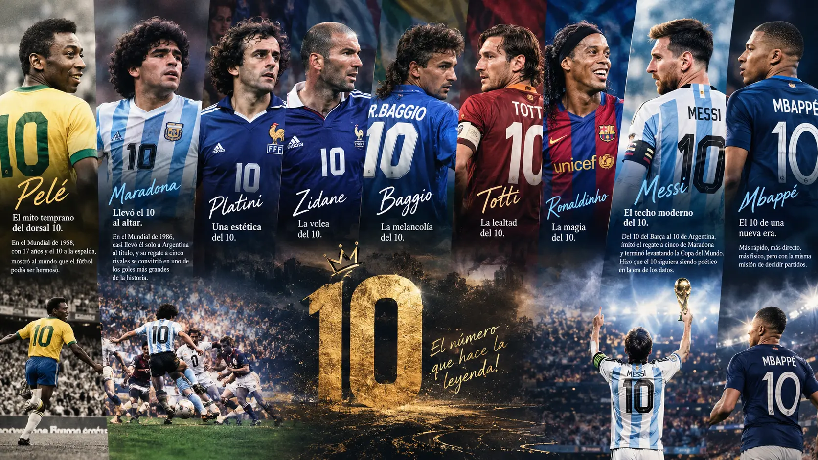 Leyendas representativas del dorsal 10 en el fútbol.